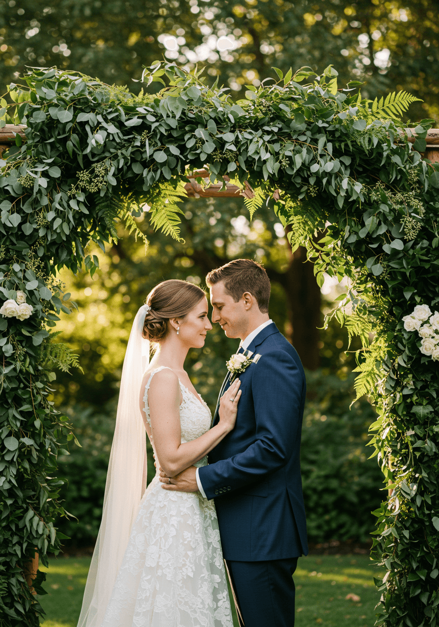 Couple exchanging vows beneath cascading eucalyptus and ivy wedding arch during golden hour ceremony