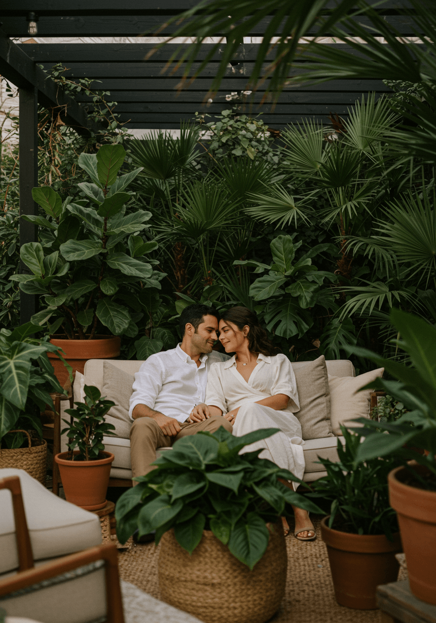 Detail of elegant lounge seating area with abundance of potted tropical plants in terracotta planters