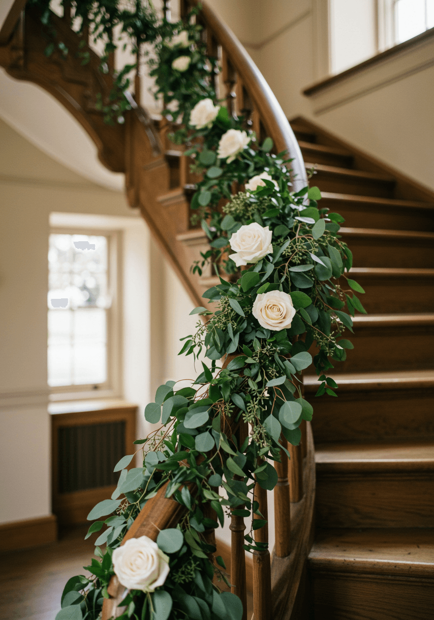 Curved grand staircase adorned with cascading eucalyptus, ivy, and white rose garland