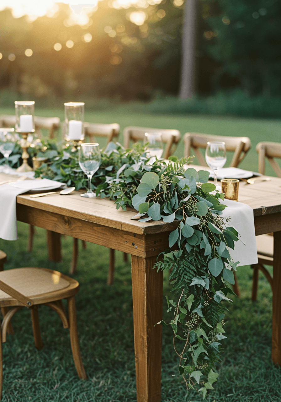 Wooden farm table with cascading eucalyptus and fern garland runner at golden hour garden reception