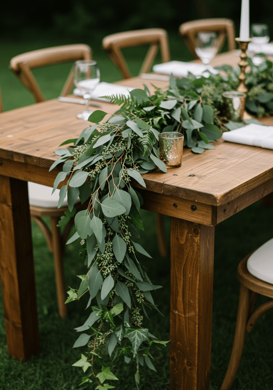 Detail of lush greenery table runner with eucalyptus, ivy, and brass candlesticks on rustic wood