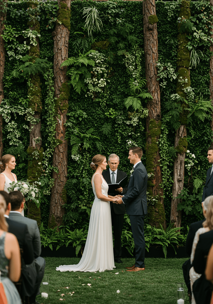 Couple exchanging vows before towering living wall of cascading ivy and ferns during golden hour