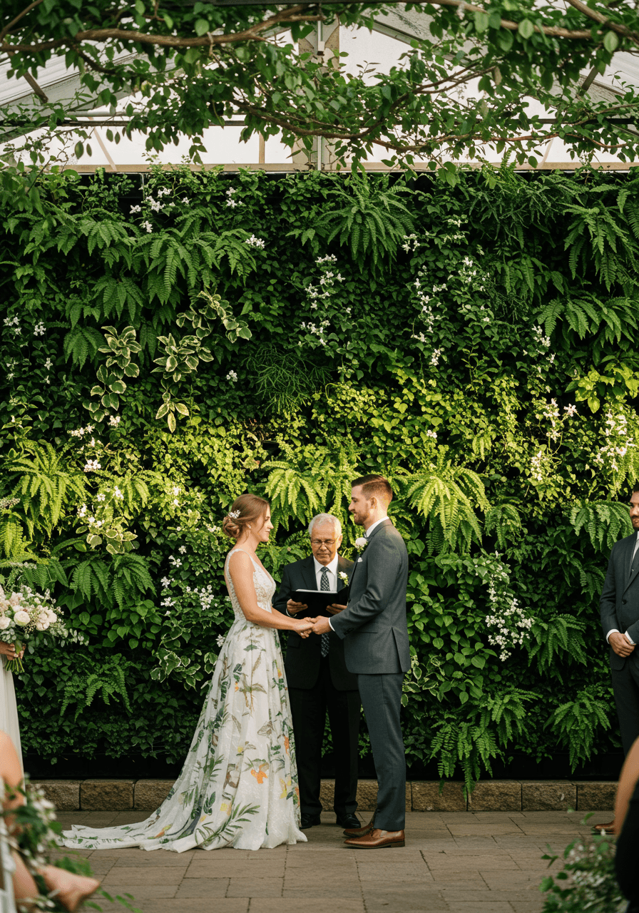 Couple exchanging vows in front of fern and flowering vine living wall during golden hour