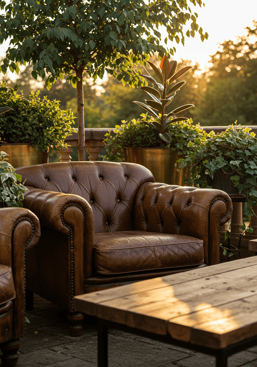 Elegant outdoor lounge area detail with rubber plants, cascading ivy, and brass planters