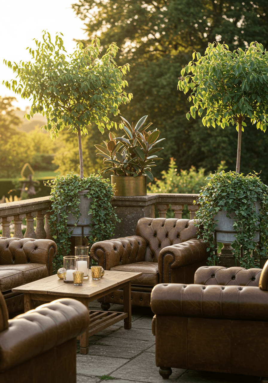 Wide shot of vintage leather lounge chairs nestled amongst tall potted eucalyptus trees on stone terrace