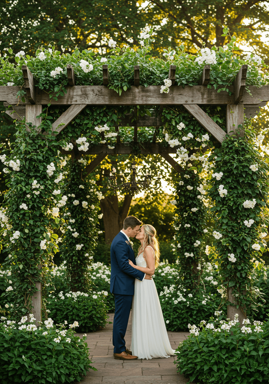 Couple sharing intimate moment beneath pergola covered in cascading ivy and white flowering vines