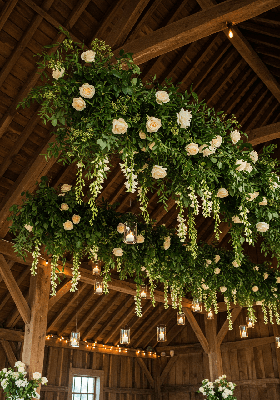 Suspended floral and greenery arrangement hanging from rustic wooden beams with candlelight below