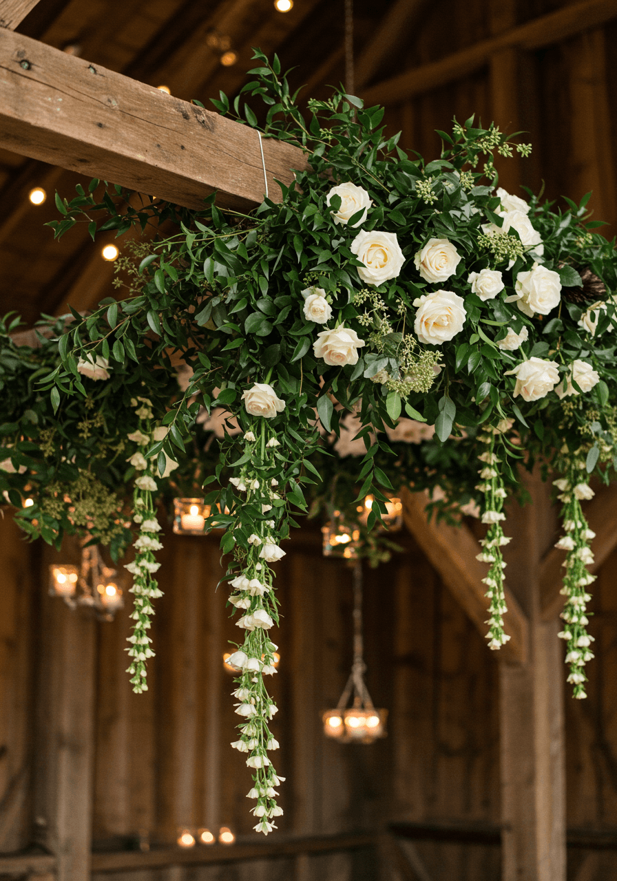 Elaborate hanging garden installation with white roses and cascading greenery in barn venue