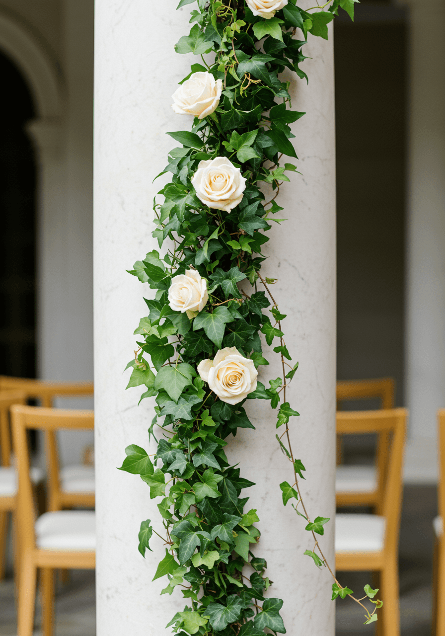 Detail of ivy-wrapped white marble pillar with cascading English ivy and white roses