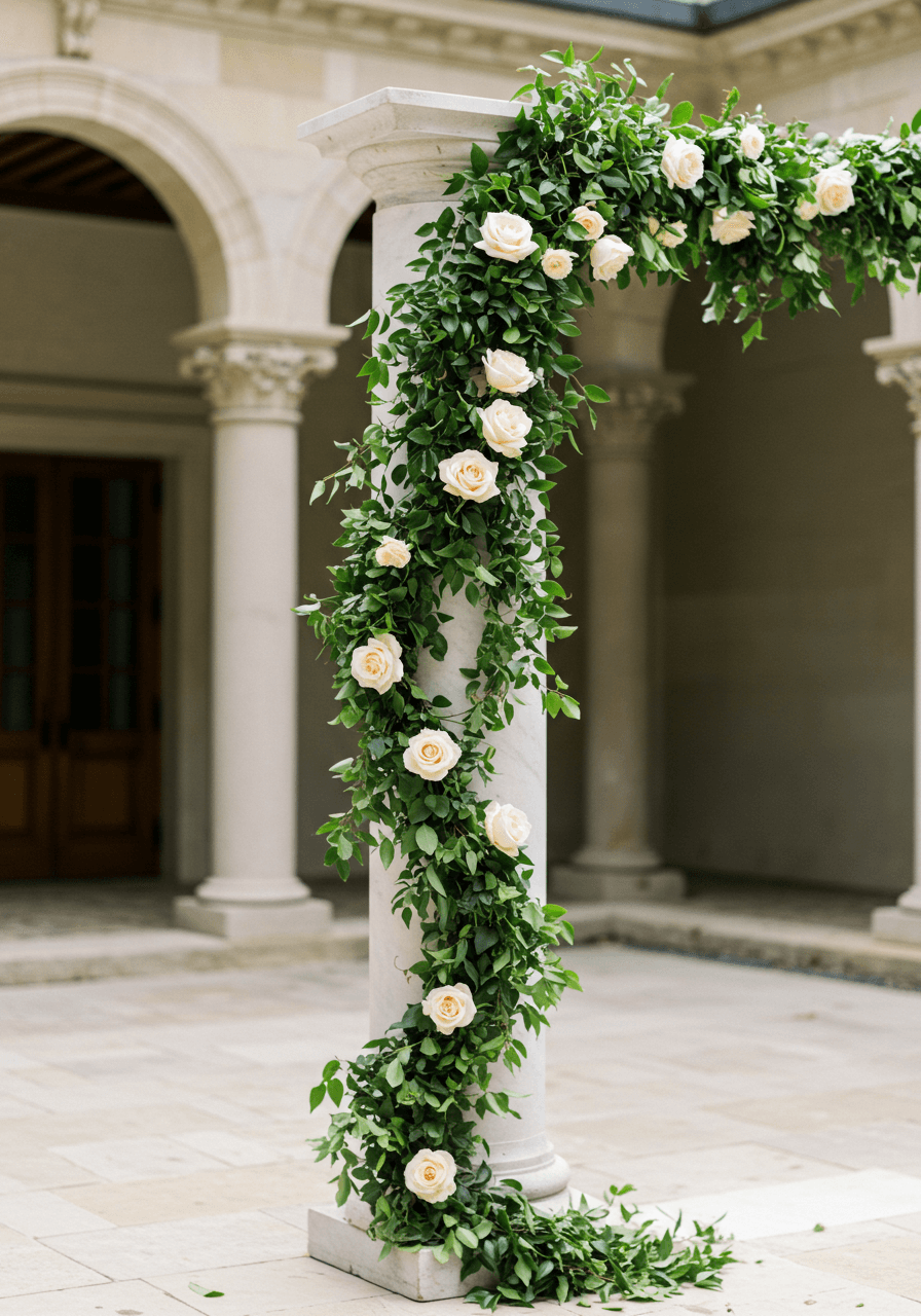 Marble column decorated with trailing ivy vines and cream roses as ceremony focal point