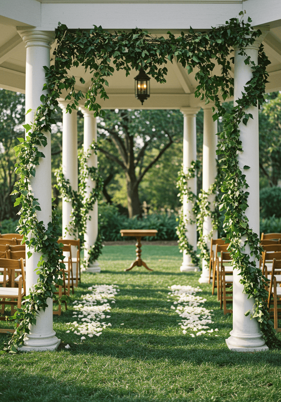 Tall white columns wrapped in cascading green ivy at outdoor garden pavilion ceremony