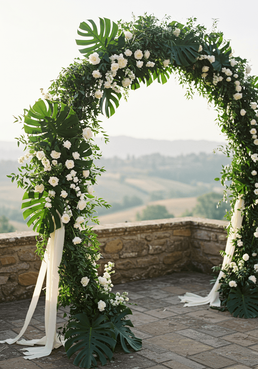 Detail of jasmine and monstera leaf arch arrangement with cream silk ribbon accents