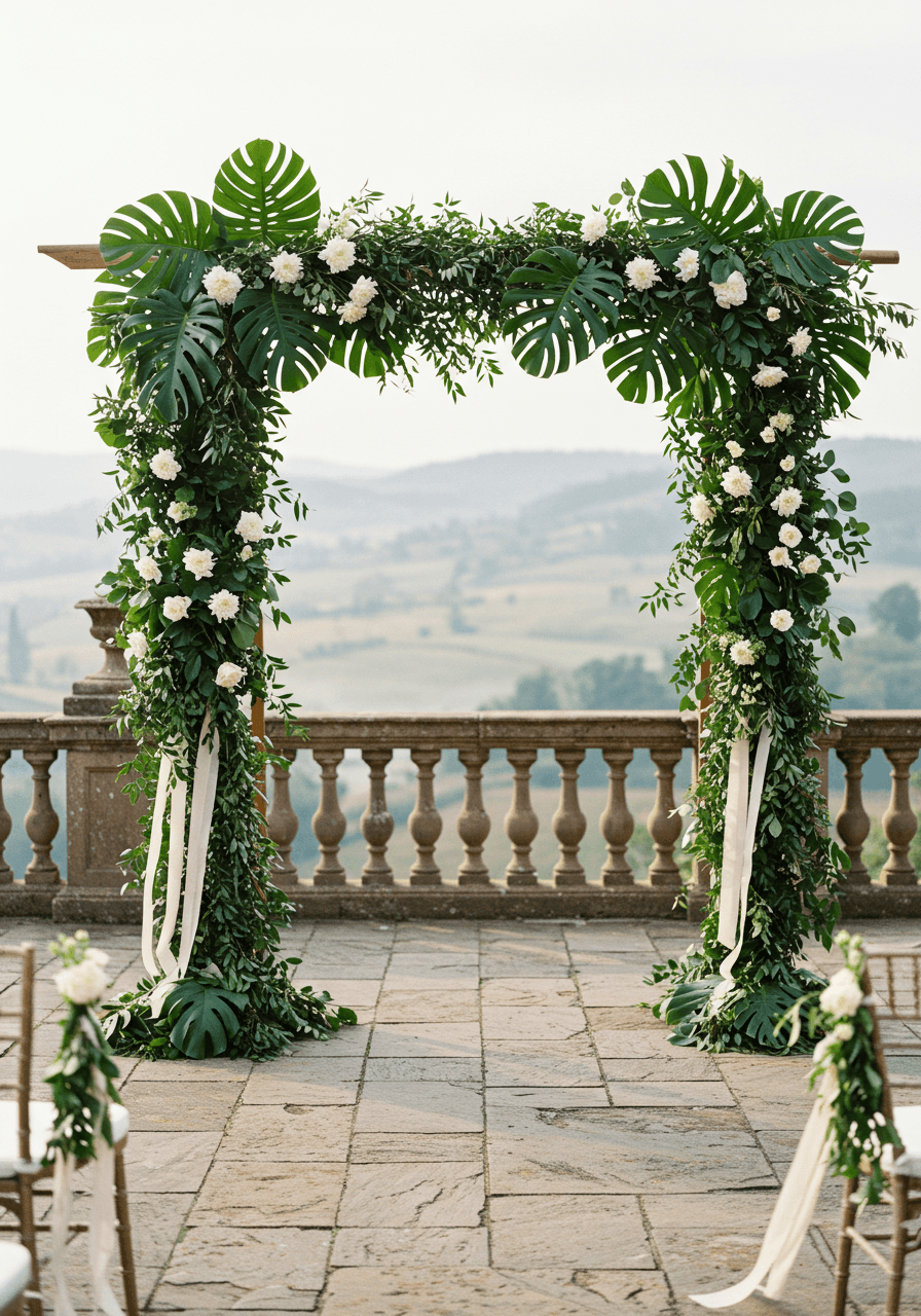Ceremony arch adorned with monstera leaves and jasmine vines on stone terrace overlooking hills