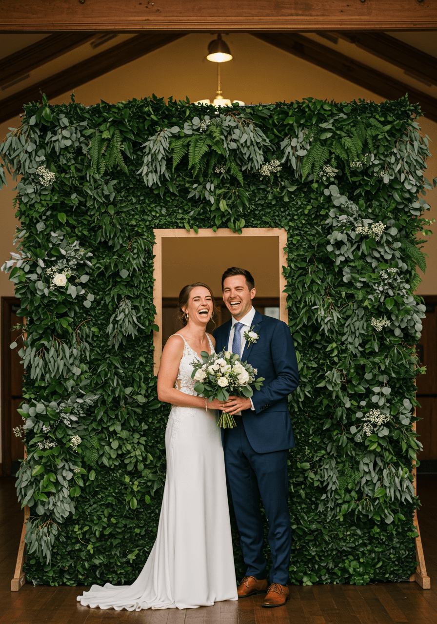Couple laughing in front of elaborate indoor living greenery photo booth with cascading ivy and ferns