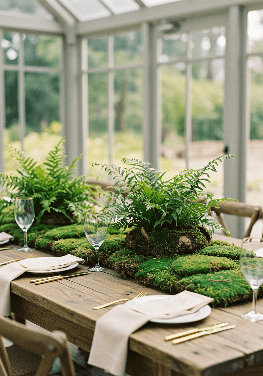 Lush moss and fern centrepiece arrangement on rustic wooden table in elegant garden pavilion