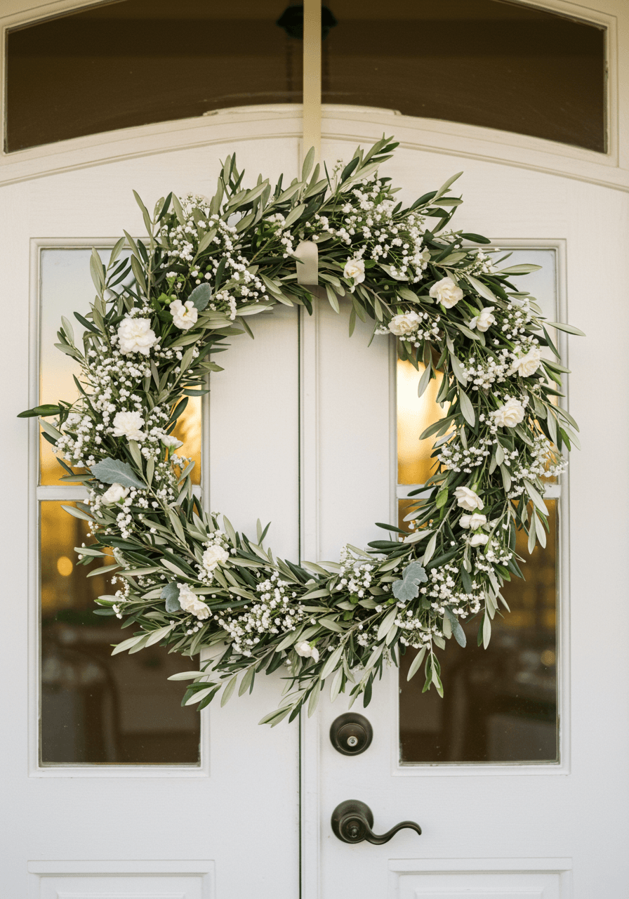 Oversized olive branch wreath with baby's breath and jasmine on white French doors