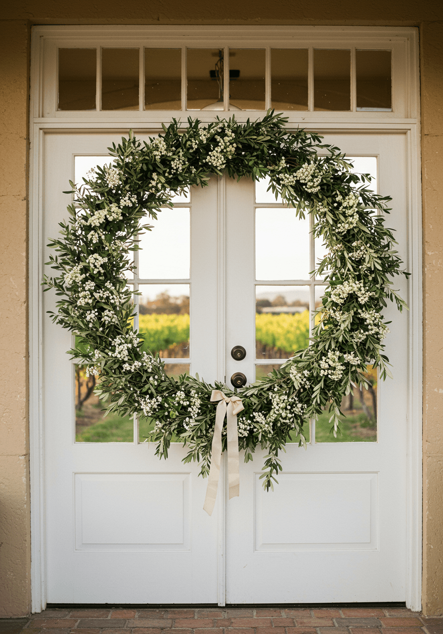 Circular olive branch and jasmine wreath adorning elegant vineyard entrance doors
