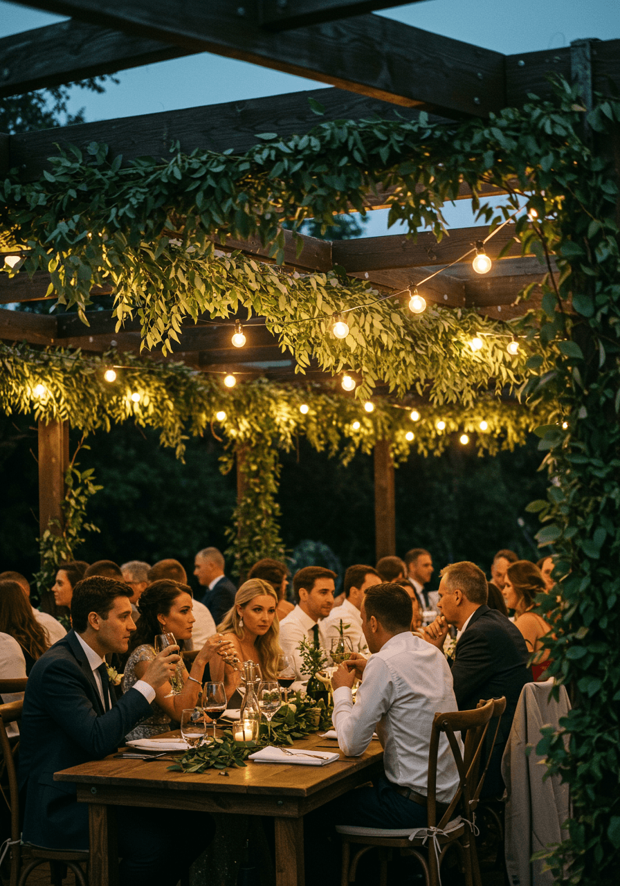 Guests dining at long tables beneath pergola draped with greenery and hanging eucalyptus garlands