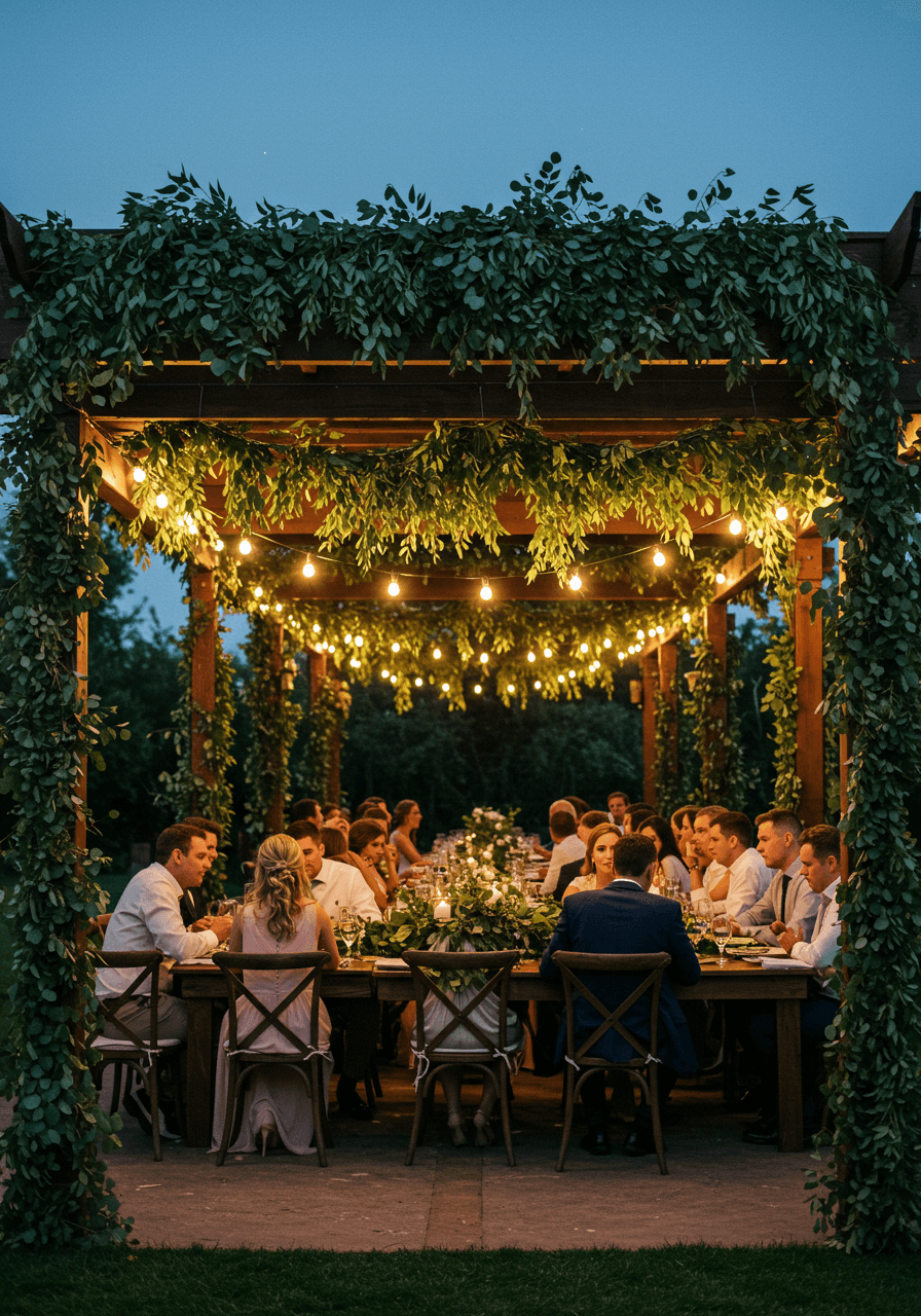 Wide shot of outdoor reception under vine-covered pergola with string lights during twilight