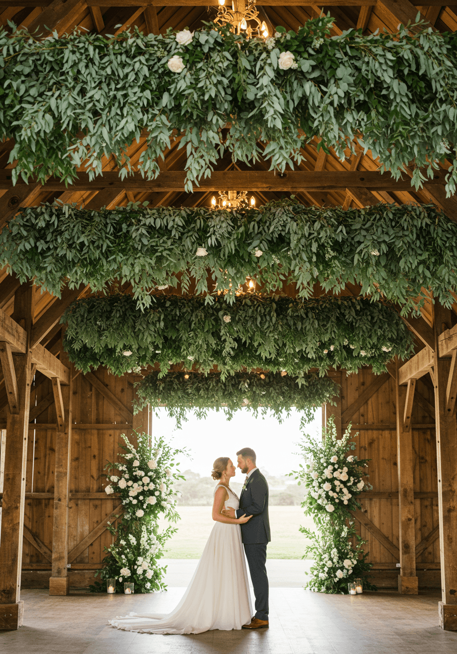 Couple beneath elaborate hanging eucalyptus ceiling installation in rustic barn venue