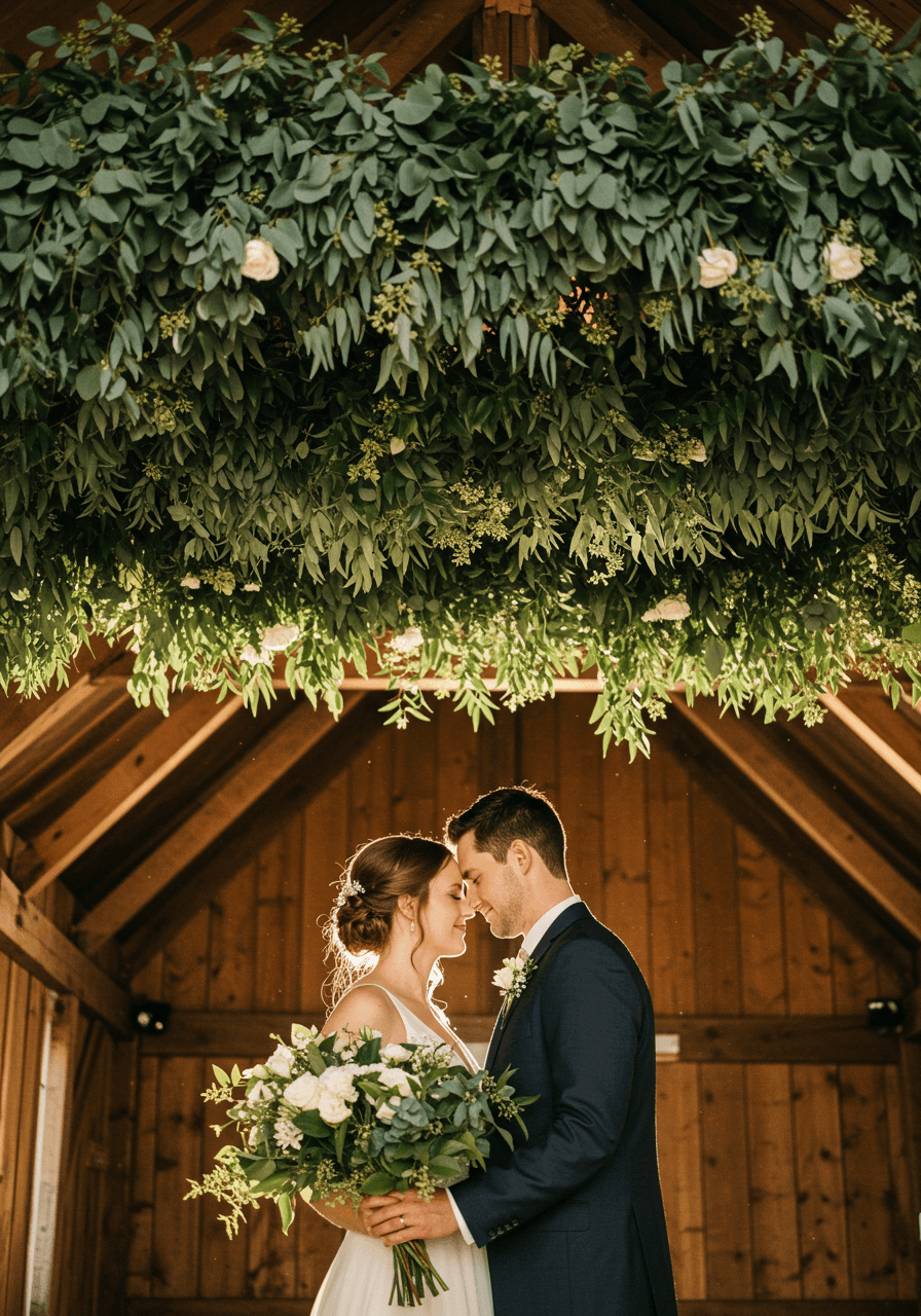 Couple embracing under cascading eucalyptus and white flower ceiling garlands in barn