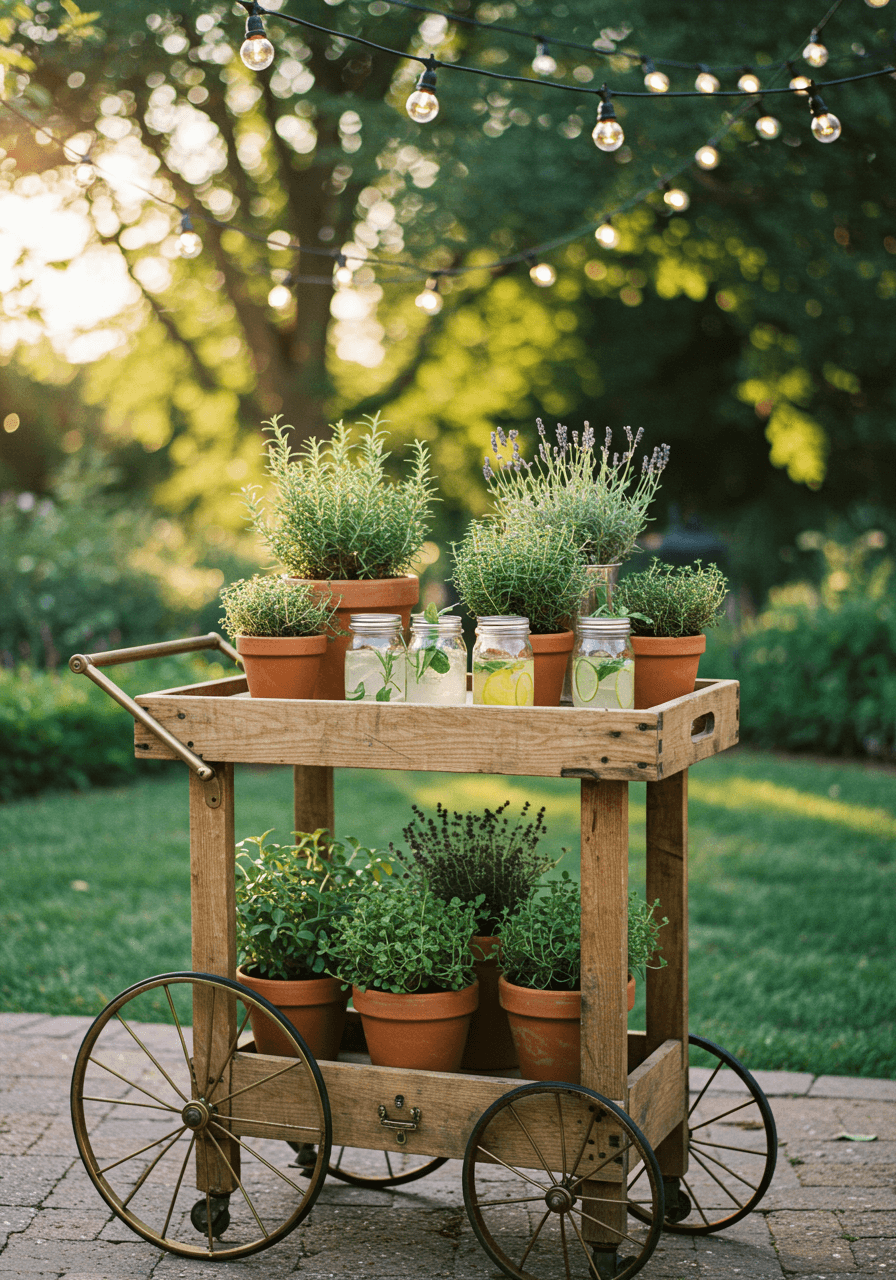 Rustic wooden bar cart adorned with potted herbs, rosemary, thyme, and lavender on garden patio