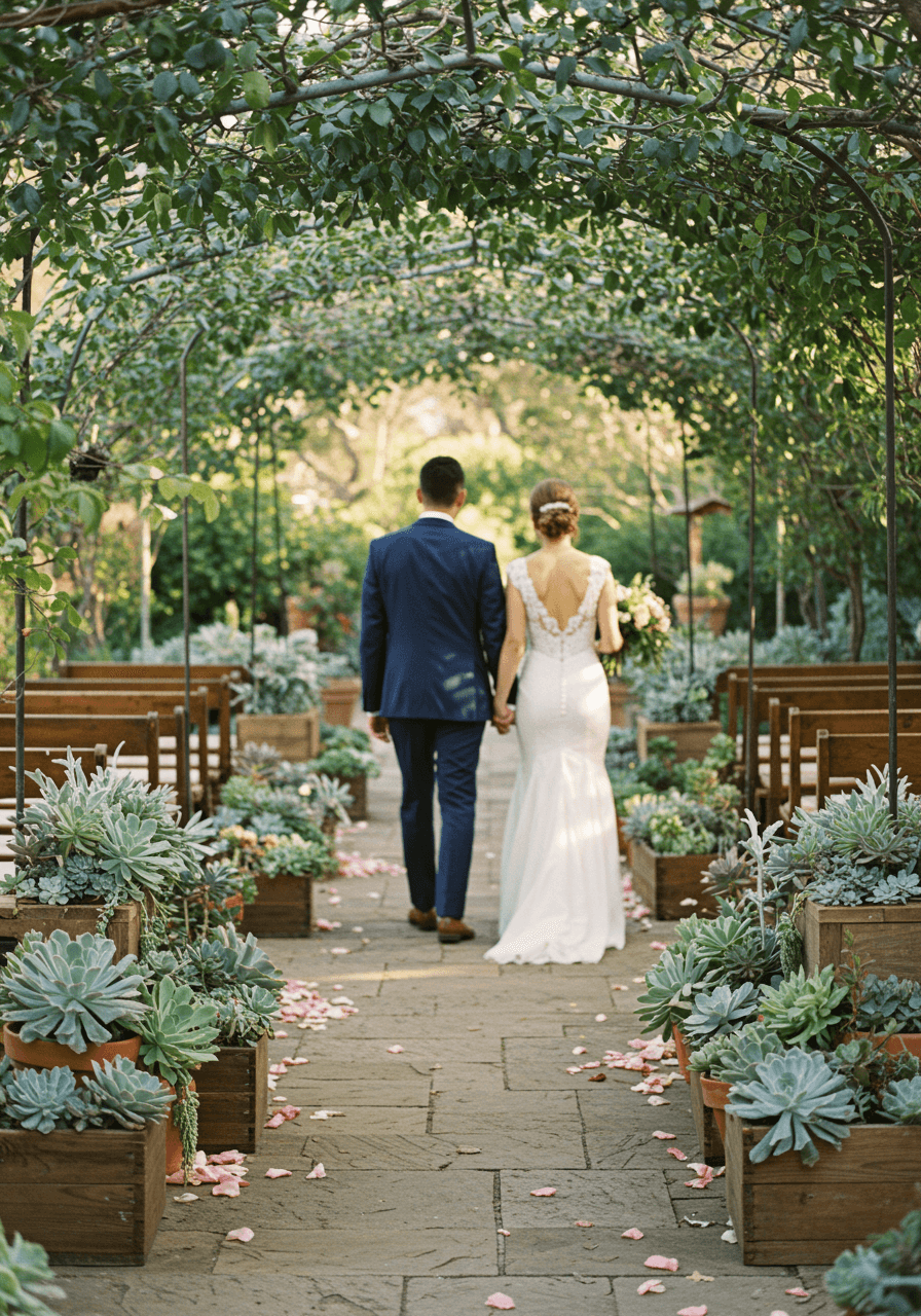 Couple walking down garden aisle lined with succulent arrangements in terracotta pots