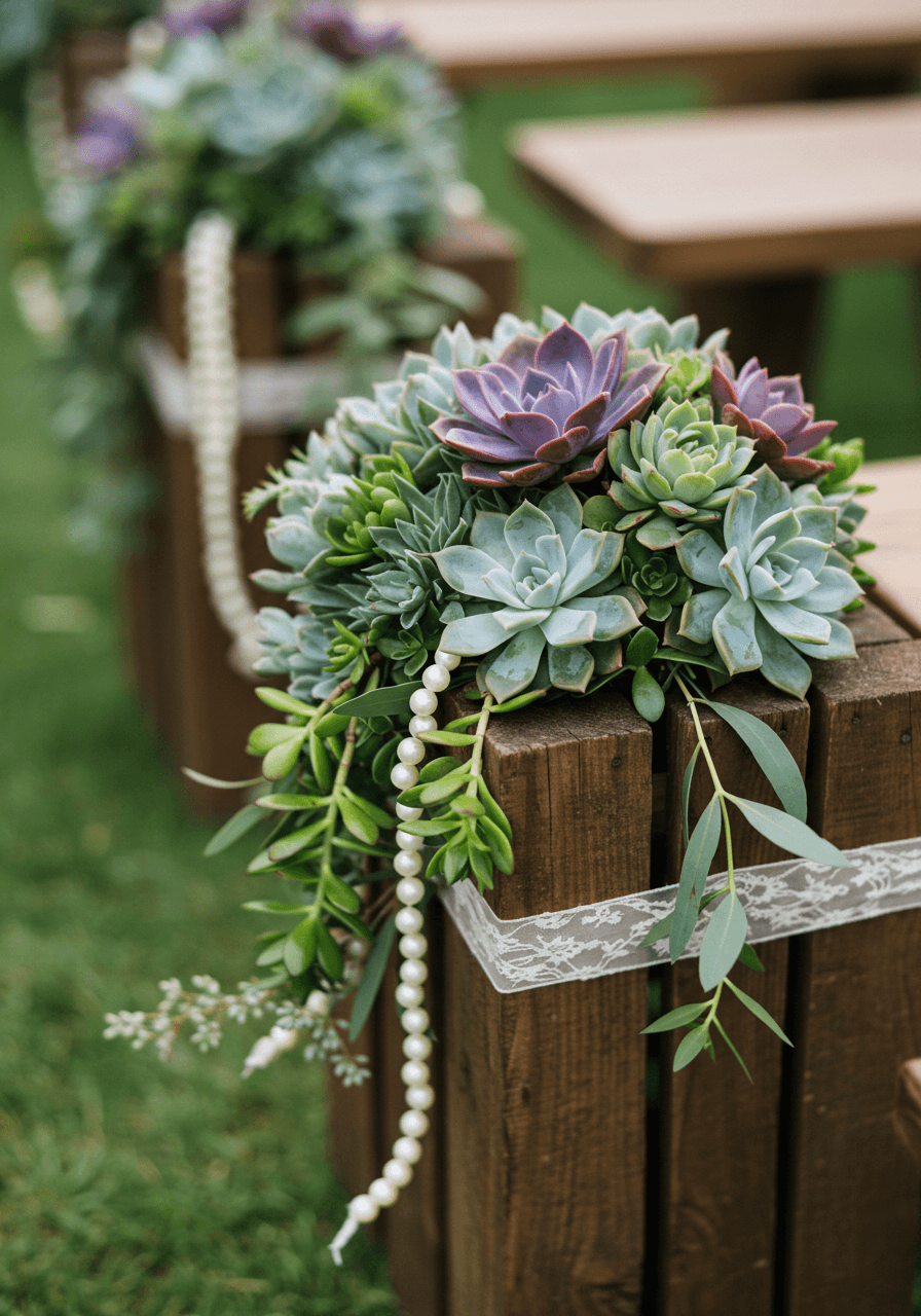 Detail of cascading succulent aisle arrangements in rustic wooden crates with ribbon