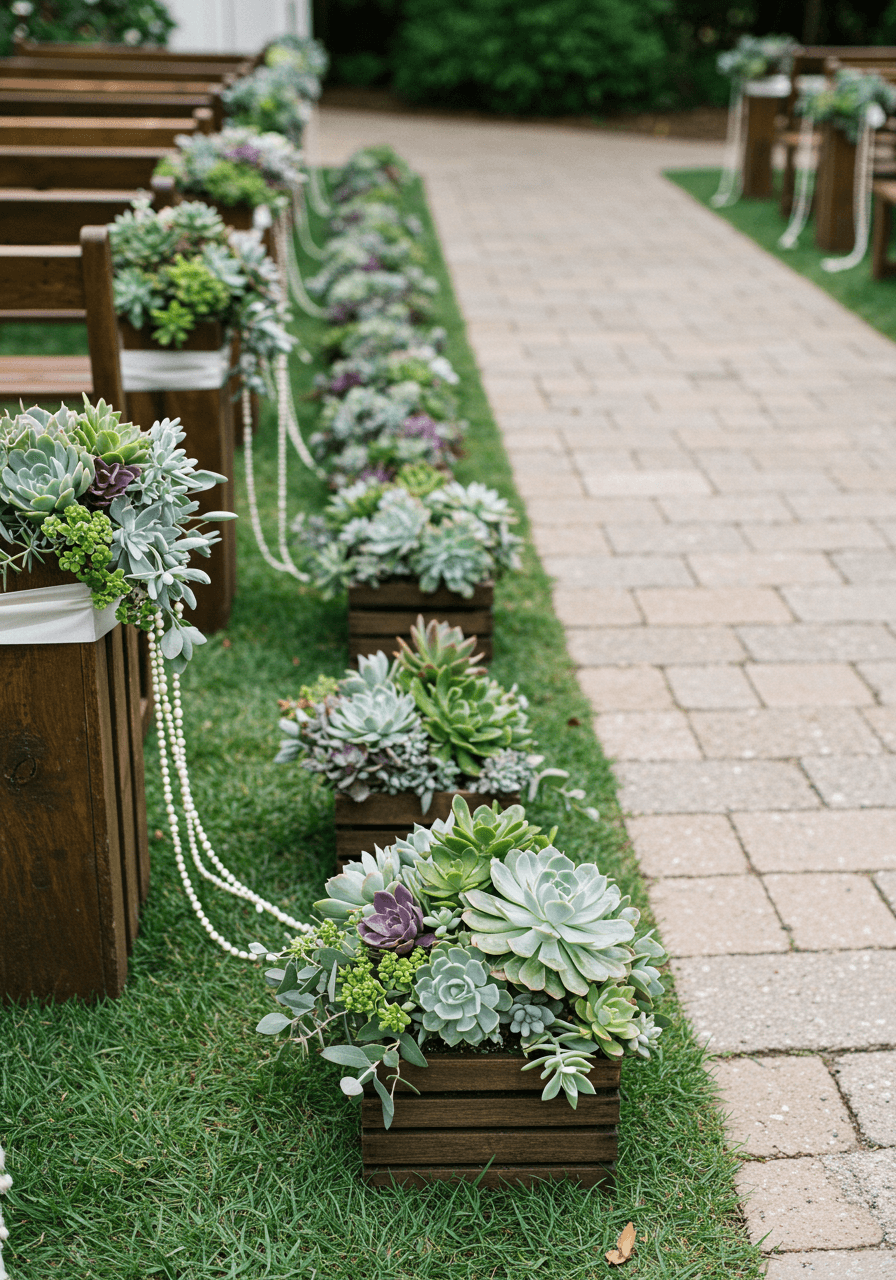 Overhead view of succulent aisle decor featuring echeveria, jade plants, and string of pearls