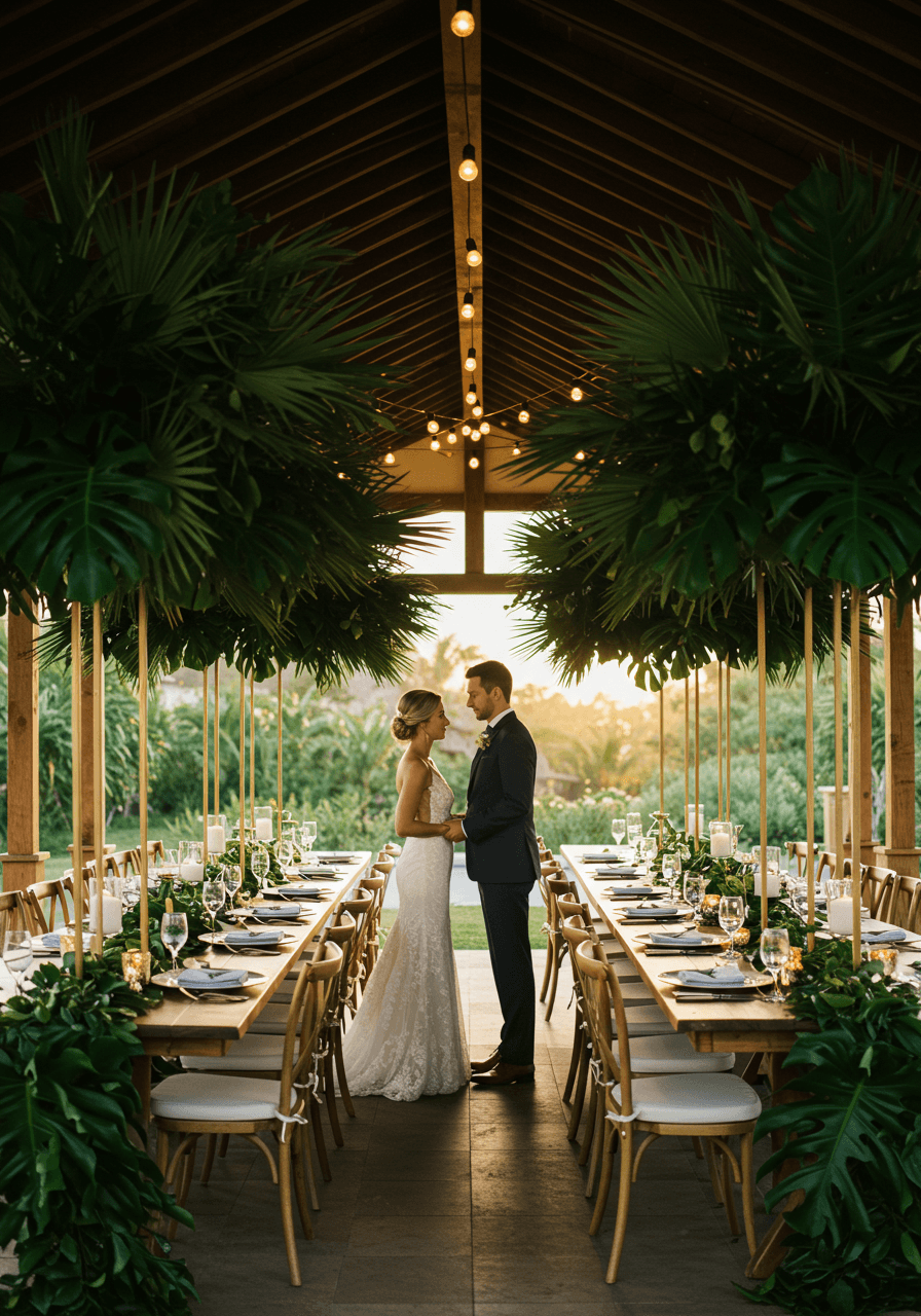 Couple at reception table surrounded by dramatic tall tropical palm frond centrepieces