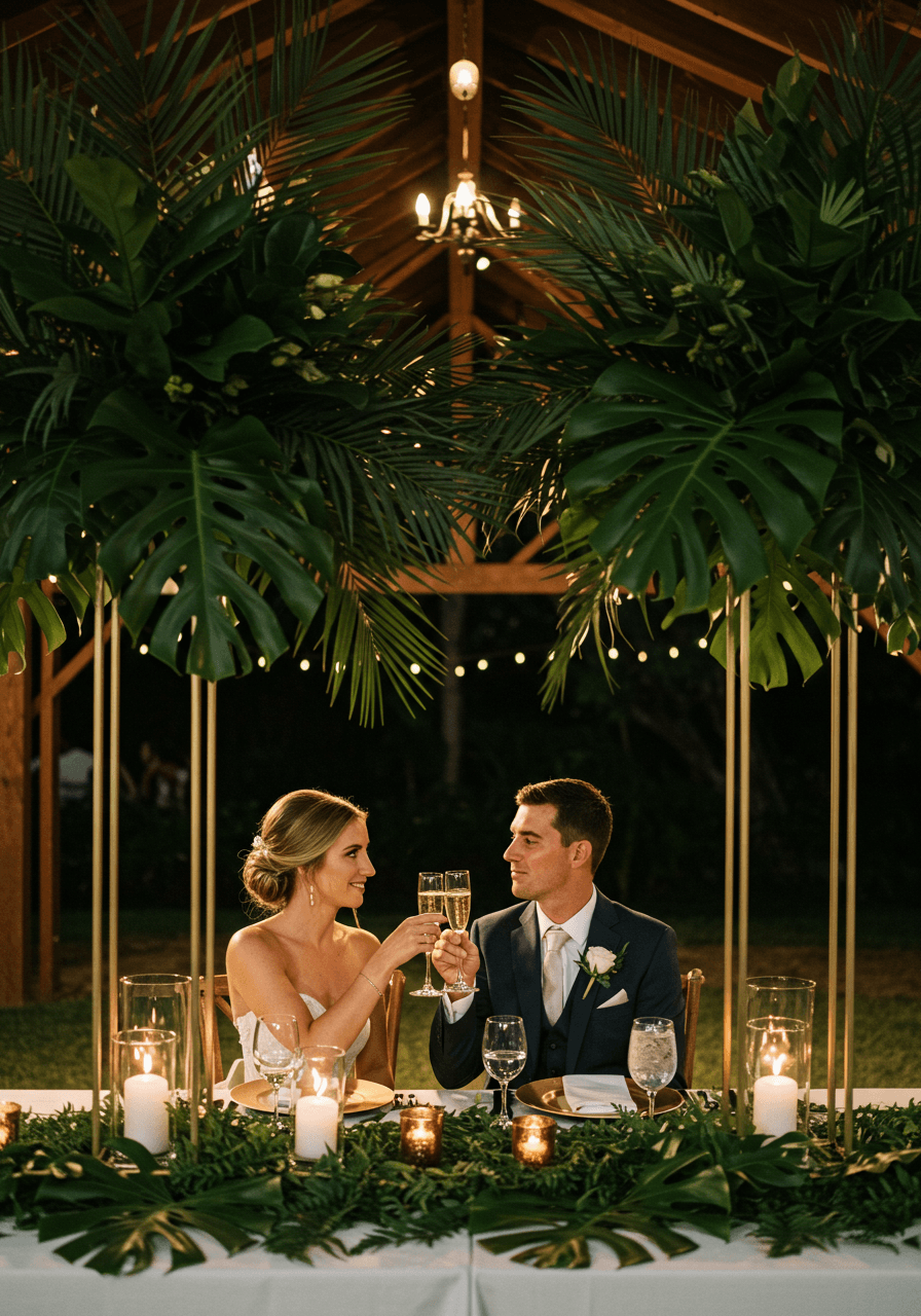 Couple toasting at elegant outdoor reception with large palm frond arrangements and string lights
