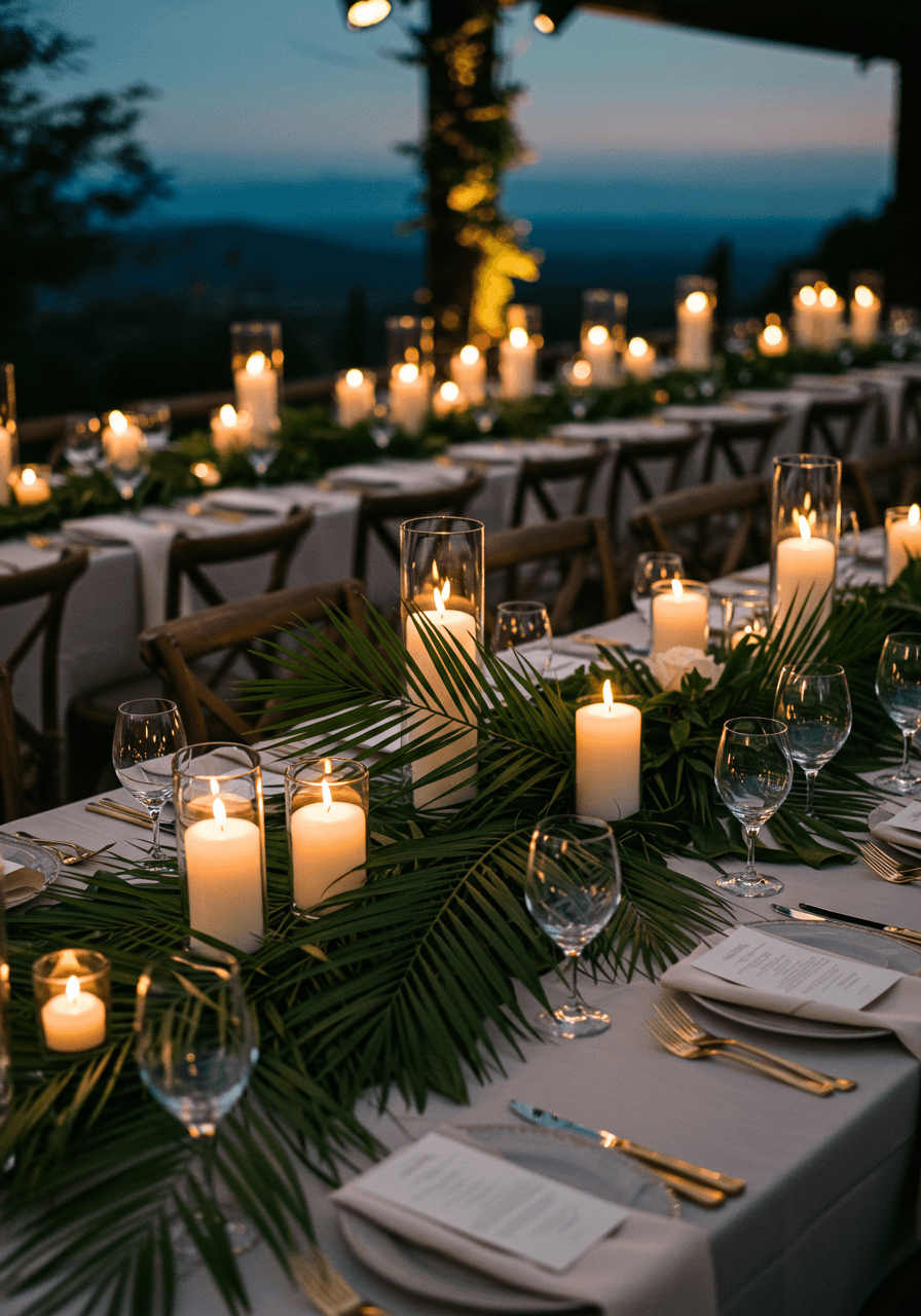 Elegant reception table detail with cascading palm fronds, ivory candles, and gold place settings