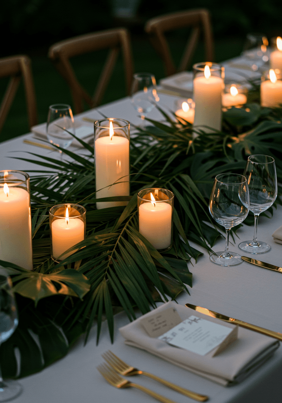Detail of tropical palm frond centrepiece with flickering candles nestled between leaves at twilight