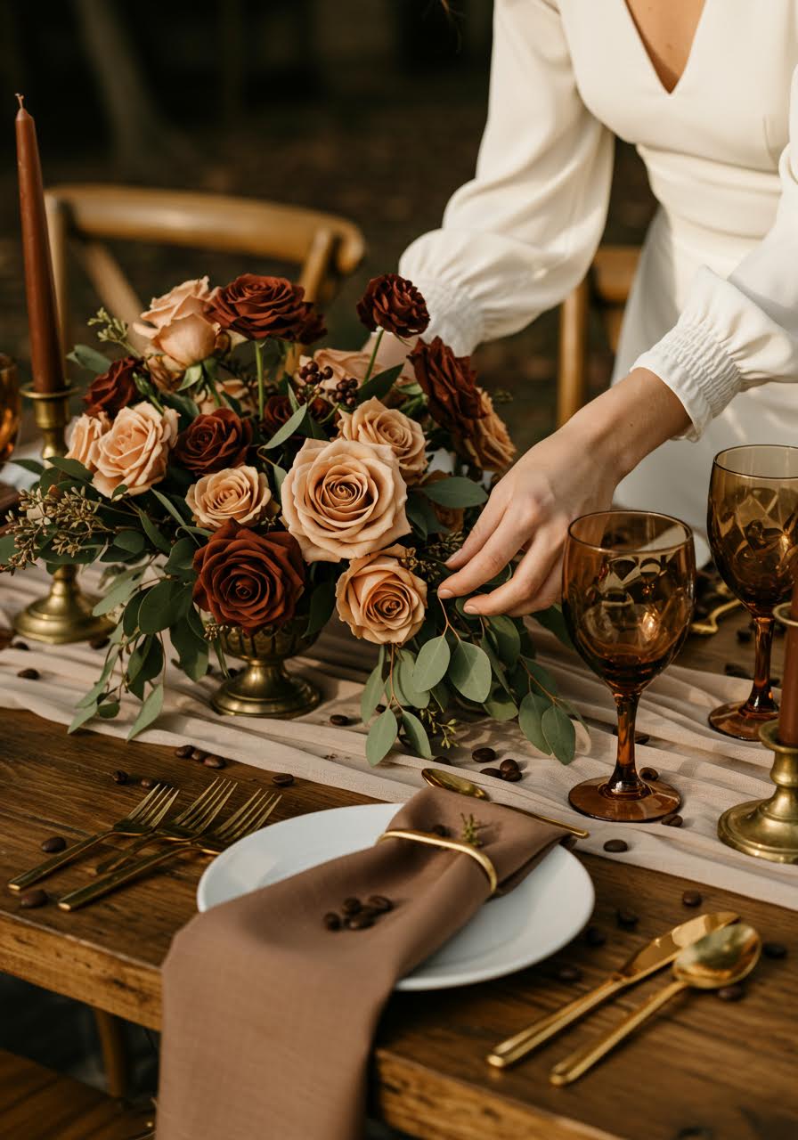 Bride's hands styling coffee-colored roses and cream wedding centerpiece
