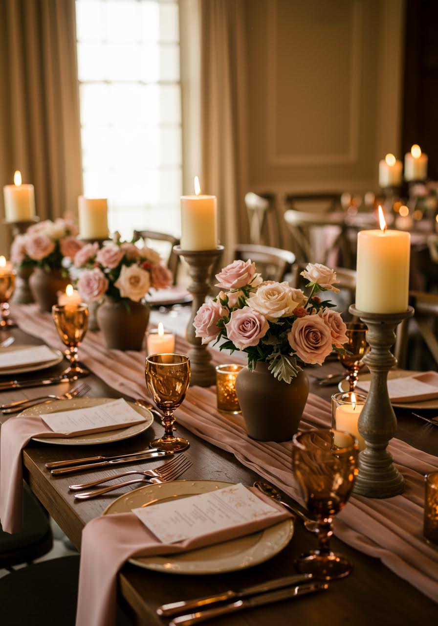 Wide view of complete brown and blush wedding tablescape design