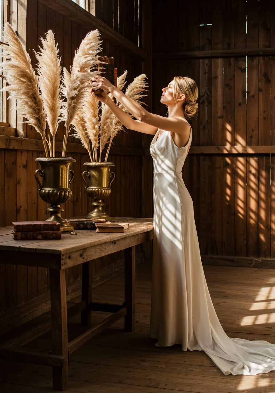 Wide view of bronze urns and vintage styling in barn wedding