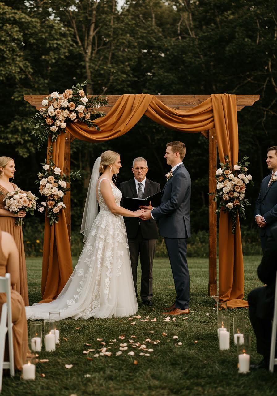 Caramel brown ceremony altar setup during golden hour lighting