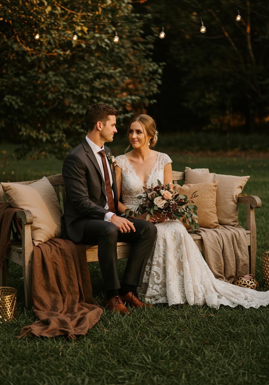 Romantic couple portrait on rustic wooden bench with brown fabric draping