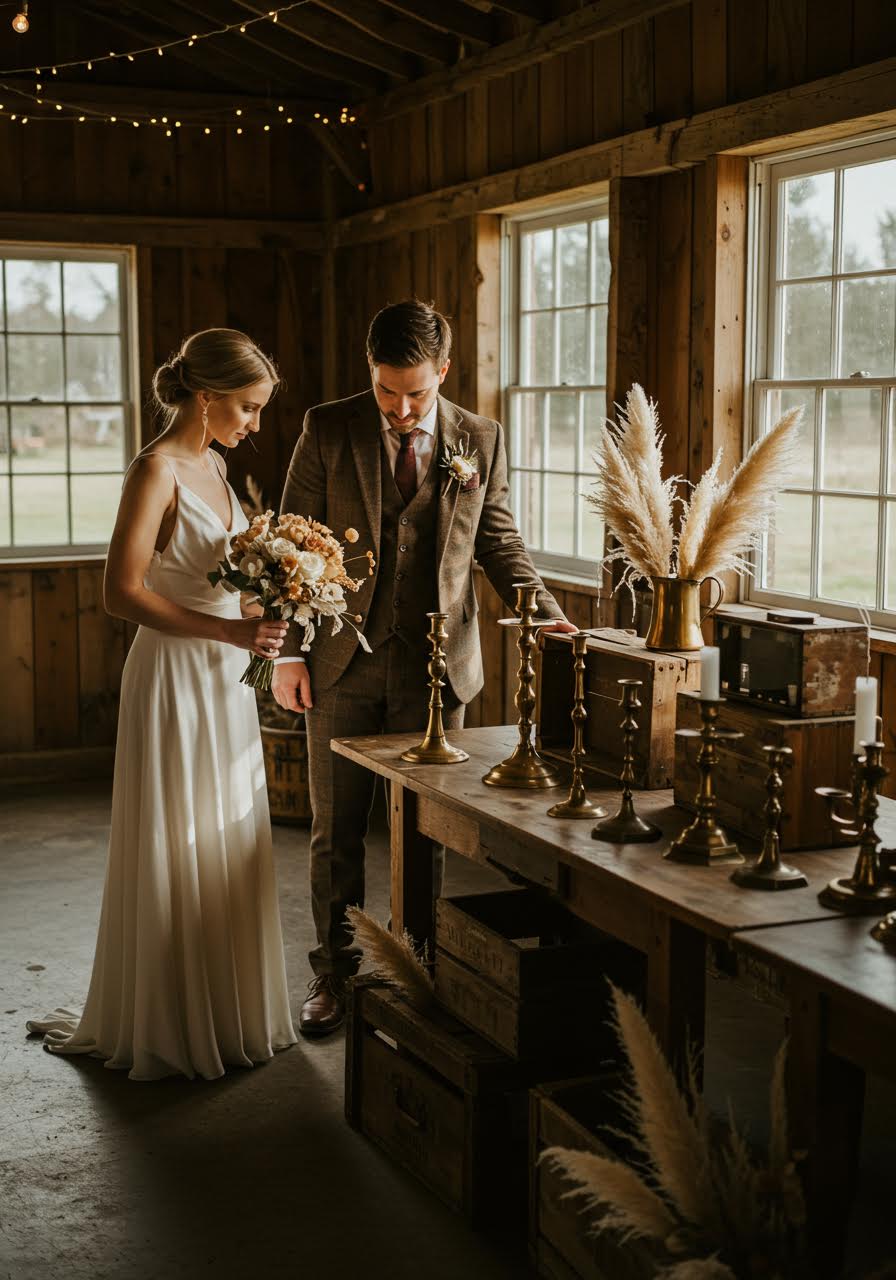 Couple surrounded by vintage brown antiques in rustic barn setting