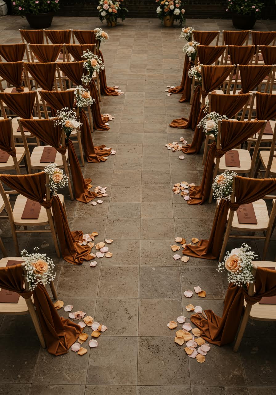 Aerial view of wedding aisle with caramel velvet decorative elements