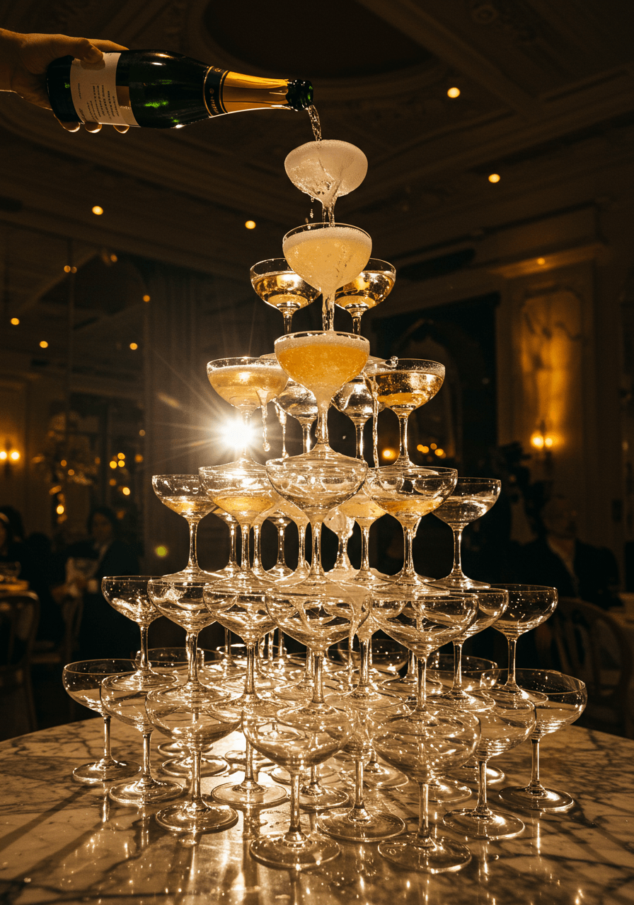 Wide angle view of champagne fountain in luxurious ballroom with guests and elegant table settings in background
