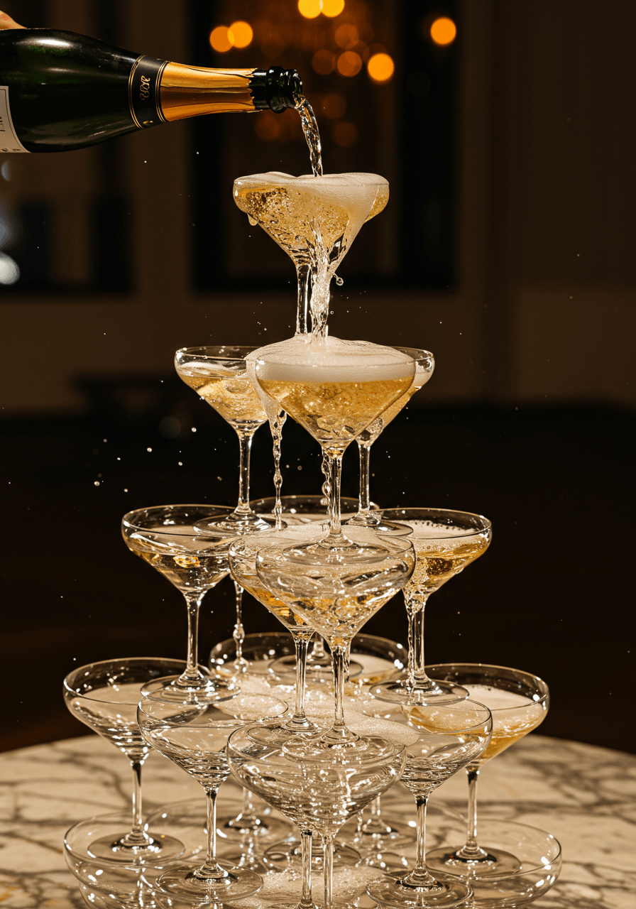 Close-up of champagne being poured into top glass of crystal tower with cascading bubbles flowing down tiers
