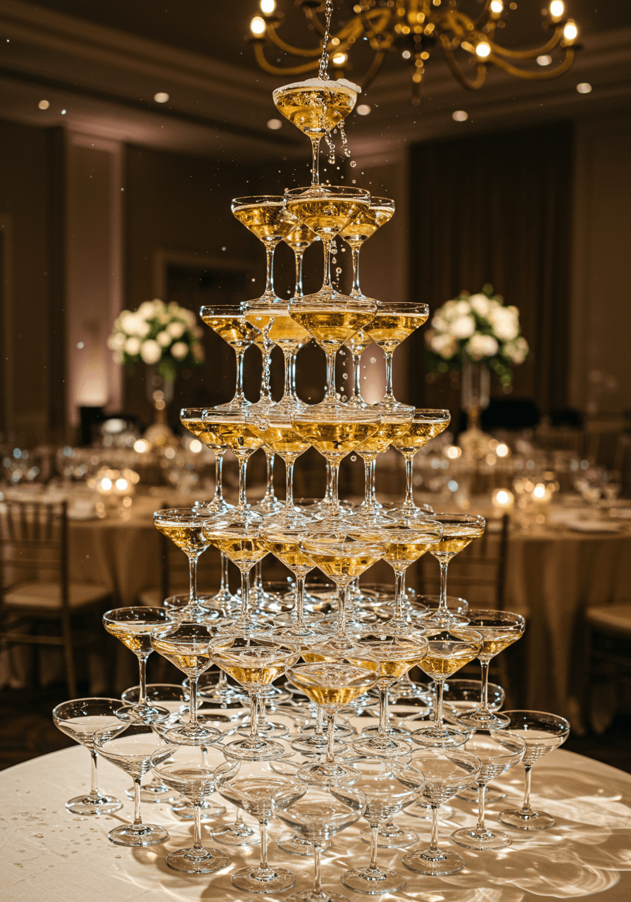 Elegant crystal coupe glass tower arrangement in luxurious ballroom with ivory linens and gold accents