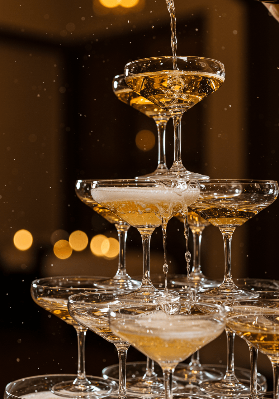 Macro detail of champagne overflowing from crystal coupe glasses with dramatic backlighting creating sparkles