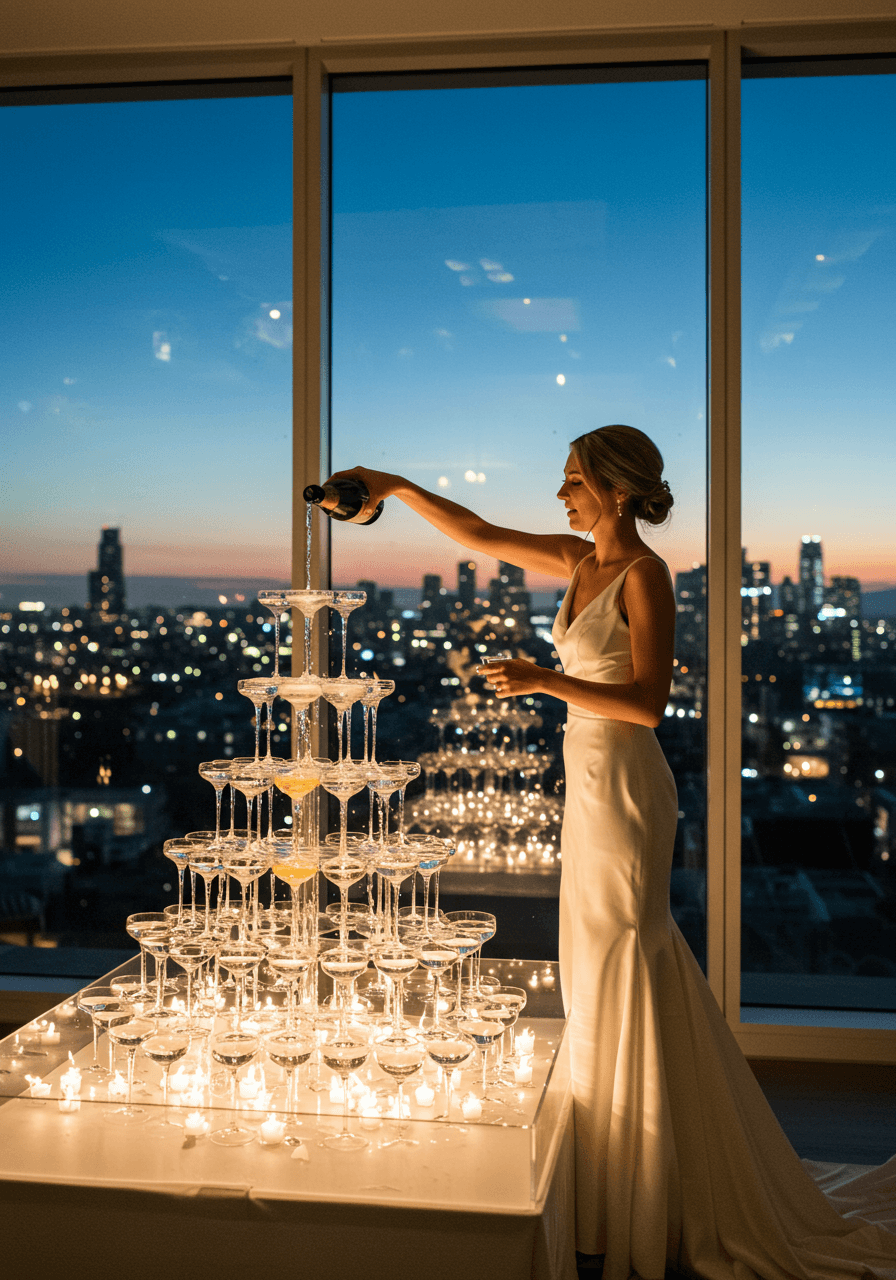 Bride in silk gown pouring champagne at acrylic fountain with city skyline and glass walls in background