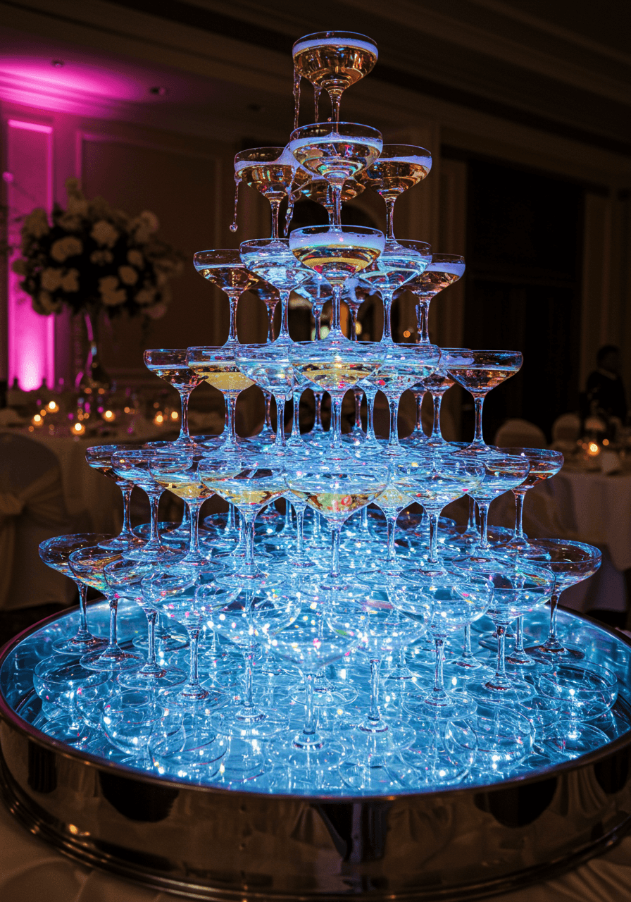 LED-illuminated champagne tower with vibrant coloured lighting creating rainbow reflections in crystal glasses