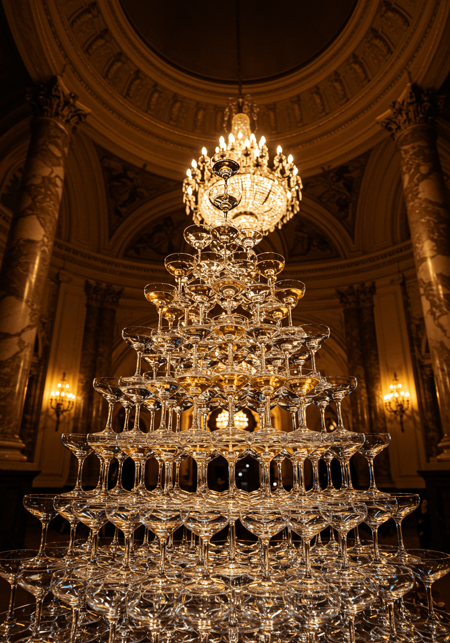 Upward view of grand ballroom champagne tower with ornate architectural details and warm lighting