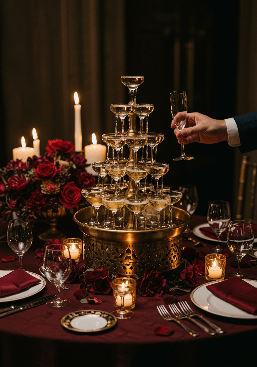 Groom adjusting champagne flute at ornate miniature fountain with burgundy linens and candlelight