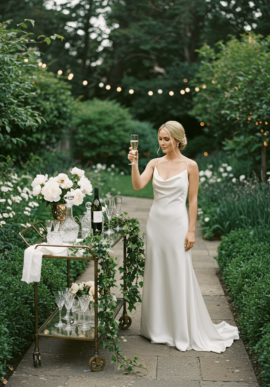 Garden bride holding champagne flute with natural stone pathway and verdant foliage backdrop
