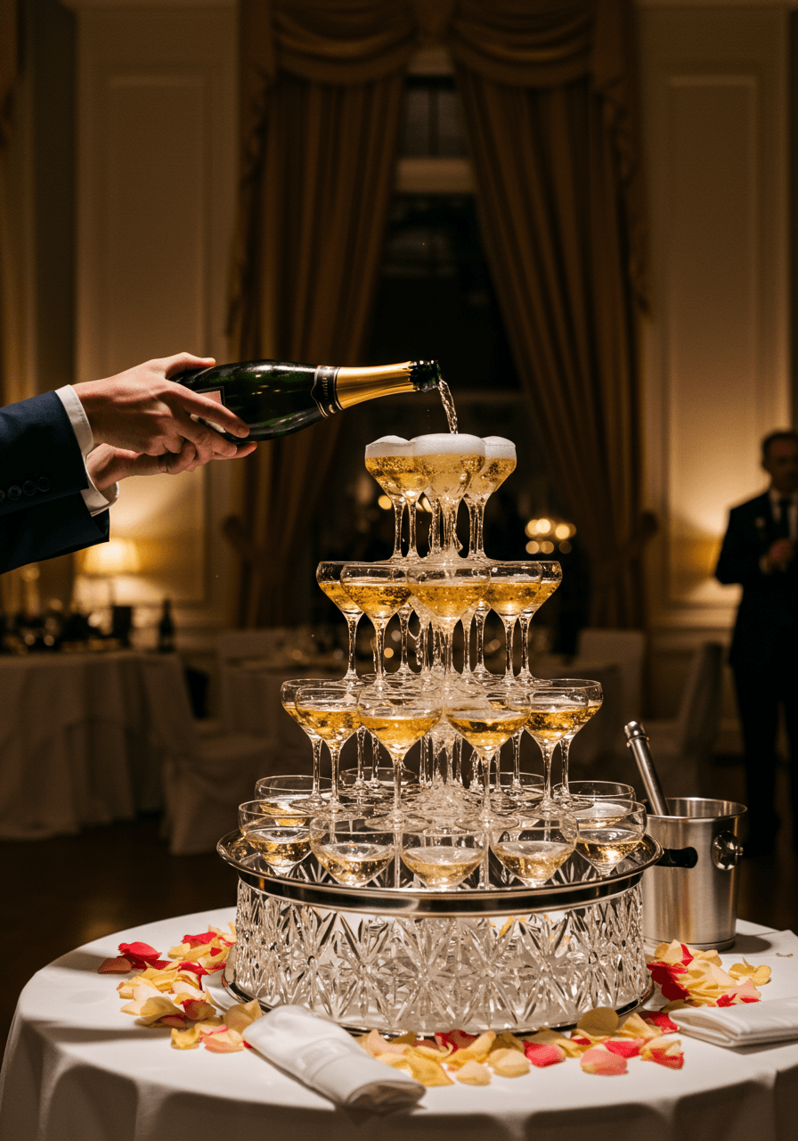 Close-up of elegant hands pouring champagne into crystal fountain tiers at interactive guest station